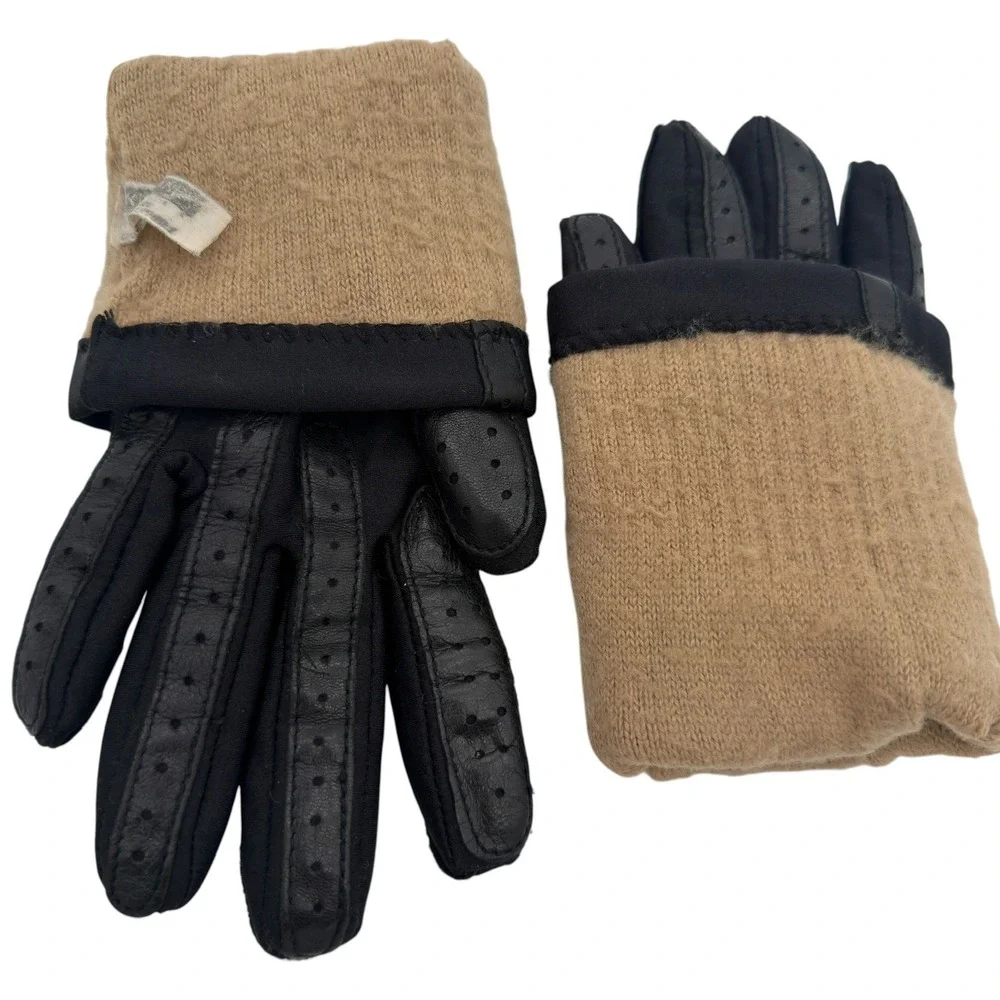 Vintage Isotoner Aris Warm-Ups Black Gloves Leather Chevron Lined Women's OS